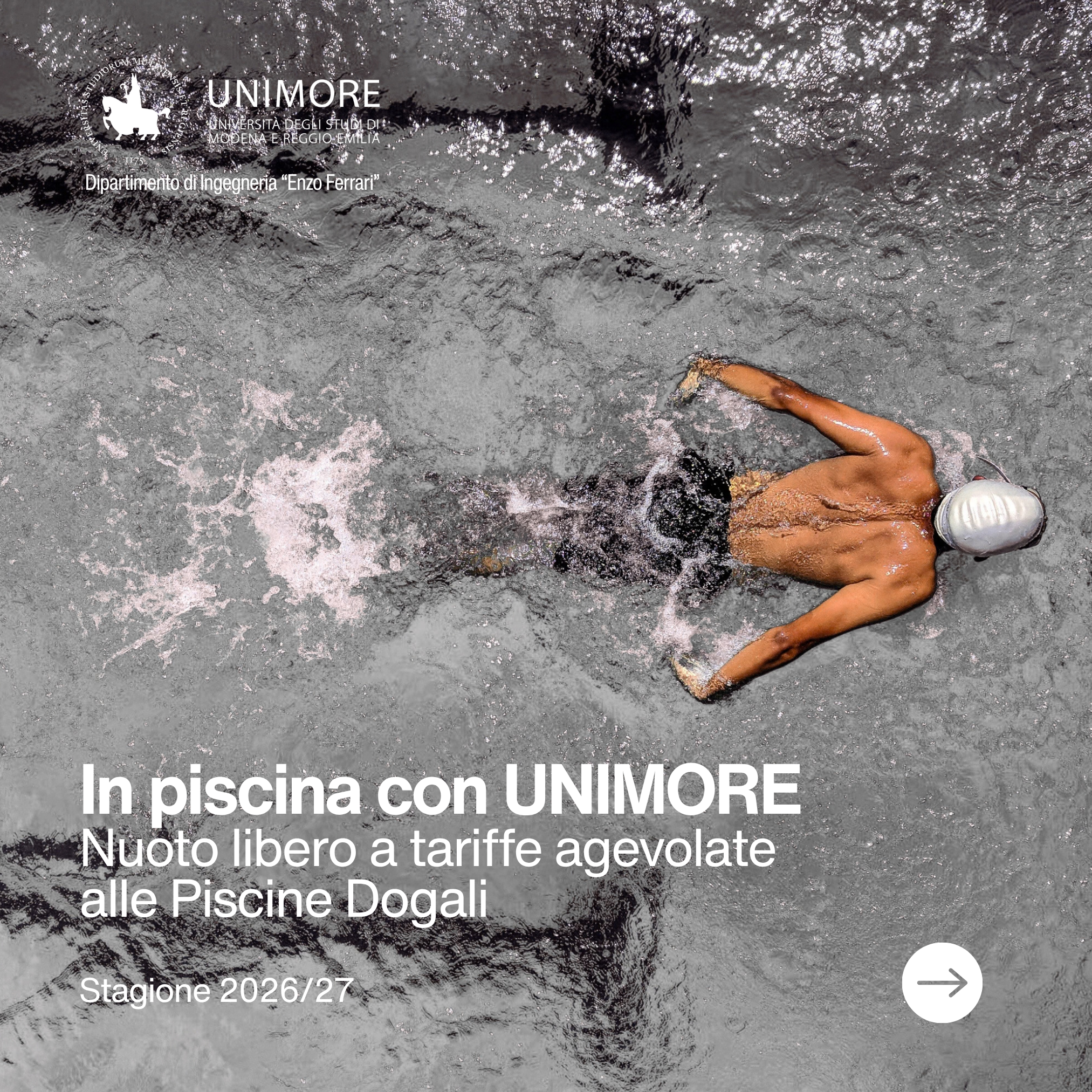 Per la stagione 2026/2027, il personale universitario e gli studenti e le studentesse regolarmente iscritti a UNIMORE possono accedere alle Piscine comunali Dogali a condizioni vantaggiose